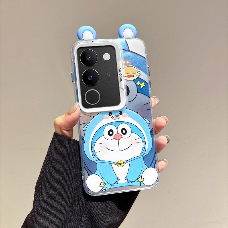 KEYSION Cute Ear Cartoon Case for VIVO V29 5G with Lanyard Soft Silicone+PC Shockproof Phone Back Cover for VIVO V29 5G