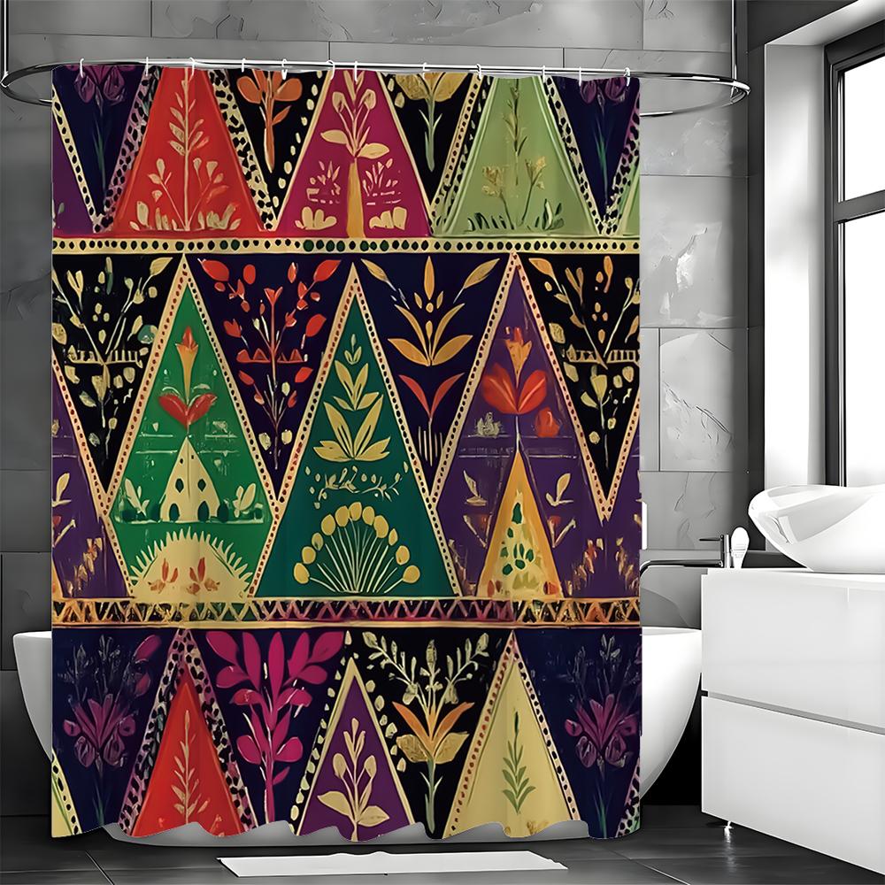 Triangle Pattern Floral Shower Curtain, Bathroom Decorative Shower Curtain, Waterproof Shower Curtain with Hooks