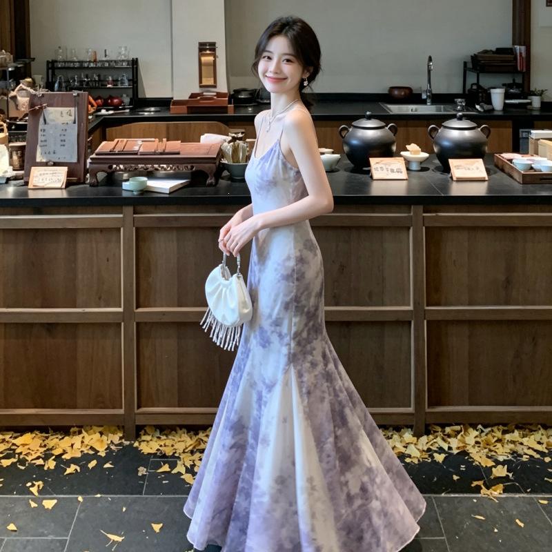New Chinese-style purple kite flower suspender dress for women's summer new classical jacquard waist and thin temperament dress