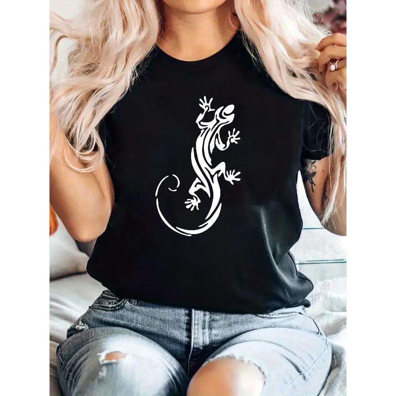 

European Size Women s Casual Sporty T-Shirt, Round Neck, Short Sleeve, Lizard Print, Comfortable Summer Top, Knitted Fabric, 4XL