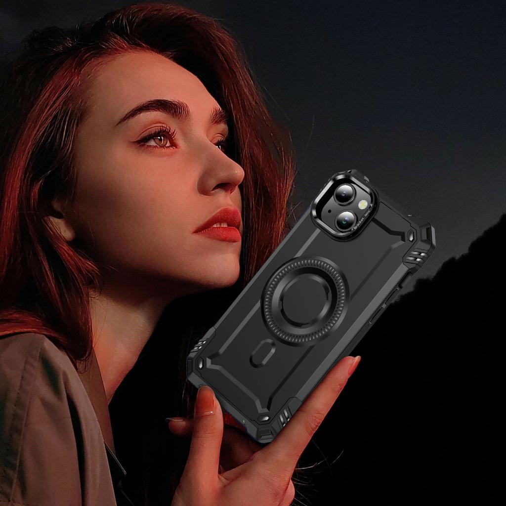 For iPhone 15 Magnetic Case Lens Kickstand PC+TPU Shockproof Phone Cover