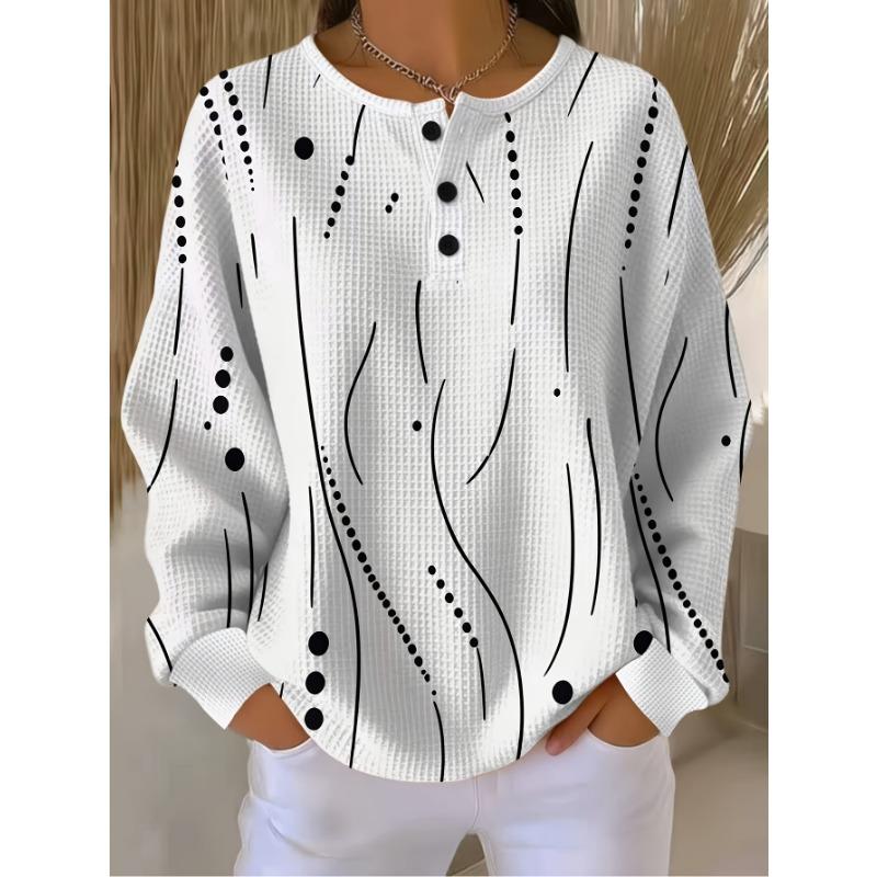Barcode Women'S 3-Button Henley Collar Waffle Long Sleeve Top, Easy Curved Polka Dot Combination Print