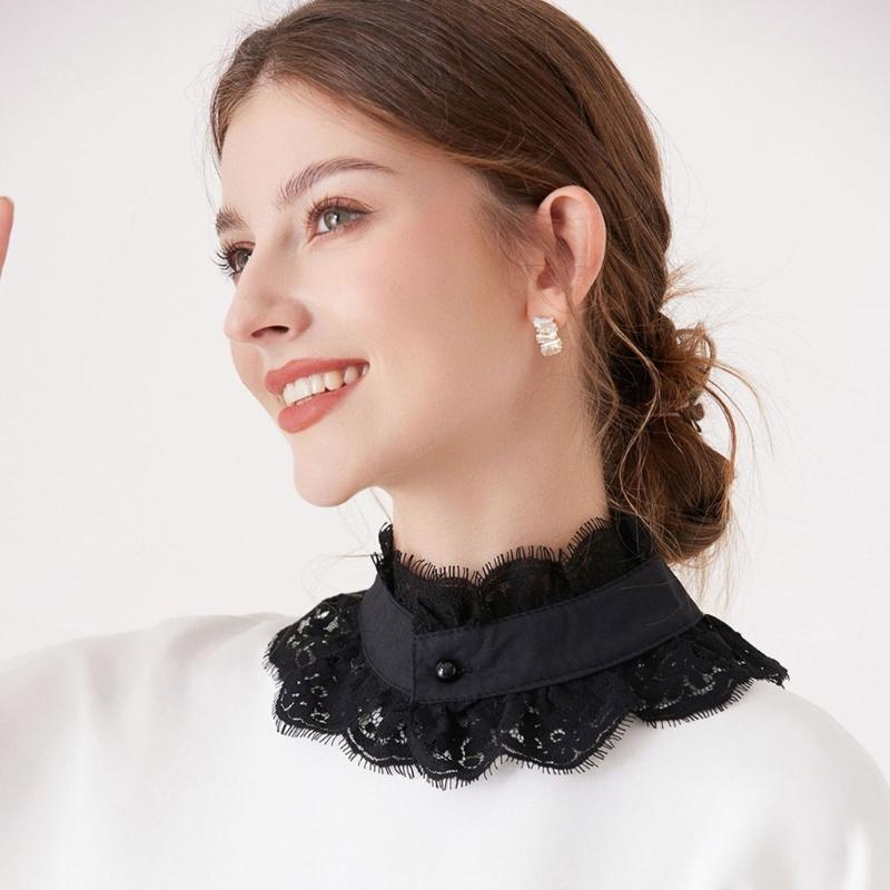 Women Faux Collar Eyelash Flower Lace Detachable Blouse Collar Necklace with False Sleeves Cuffs Set Clothing Accessory
