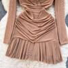Women Casual Sleeve Long Neck V Solid Color Dress Waist High A Line Sheath Spring Elastic Mini
