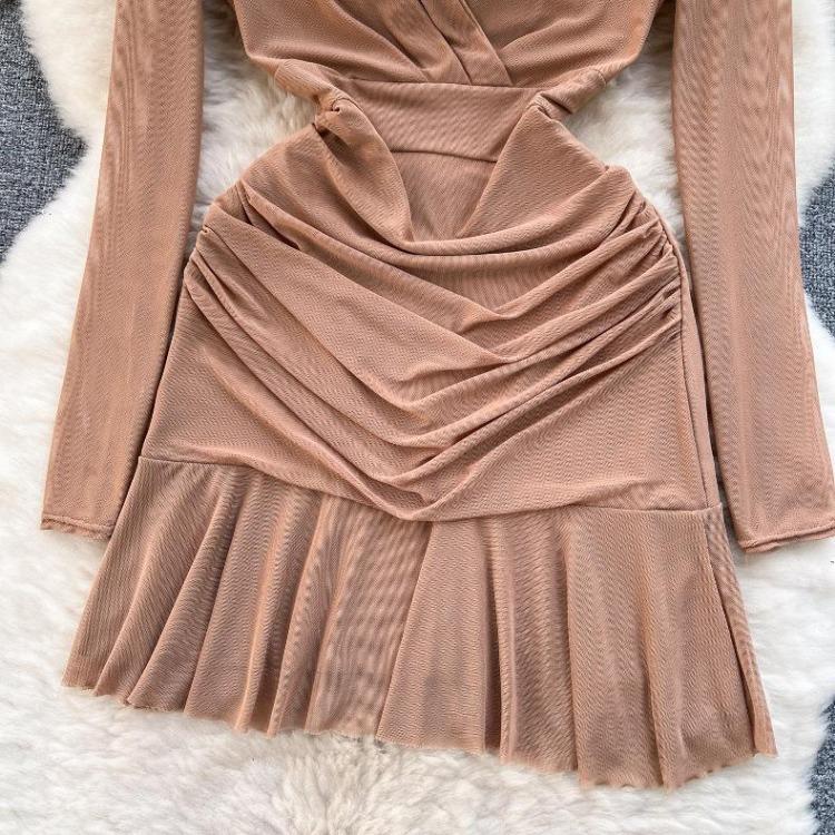 Women Casual Sleeve Long Neck V Solid Color Dress Waist High A Line Sheath Spring Elastic Mini