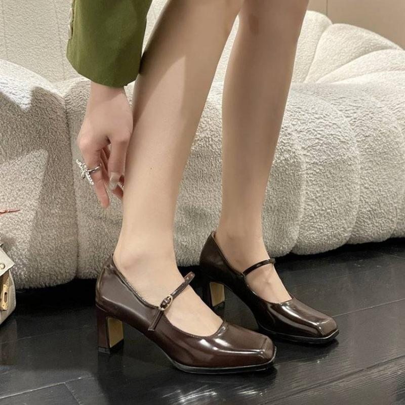 Shoes for Women 2024 on Heeled Ladies Summer Footwear Gothic Pumps Japanese Style Lolita Mary Jane Square Toe High Heels Black A