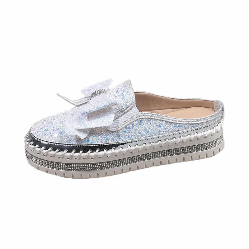 Large Size Casual Single Shoes Women's Spring New Flat Bottom Thick Bottom Round Head Bow Sequined Half Slippers Women