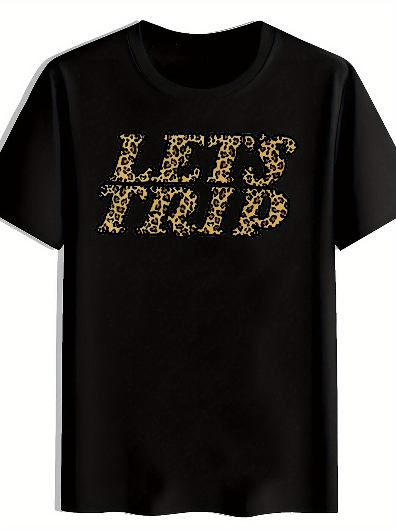 Black T-shirt with  Let S Trip  Leopard Print - Casual Crew Neck S