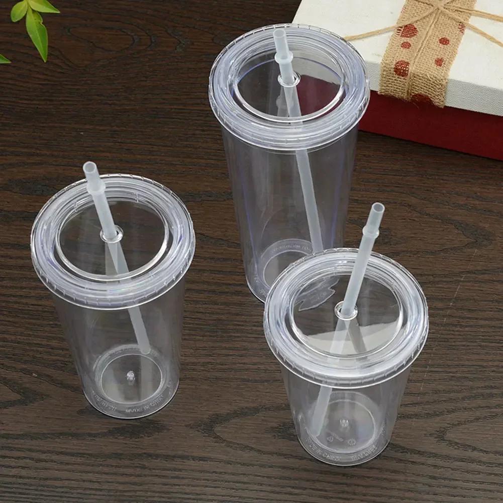 Clear Tumbler with Straw Reusable Transparent Double-layer Water Bottle for Coffee Milk DIY Smoothie Cup Drinkware