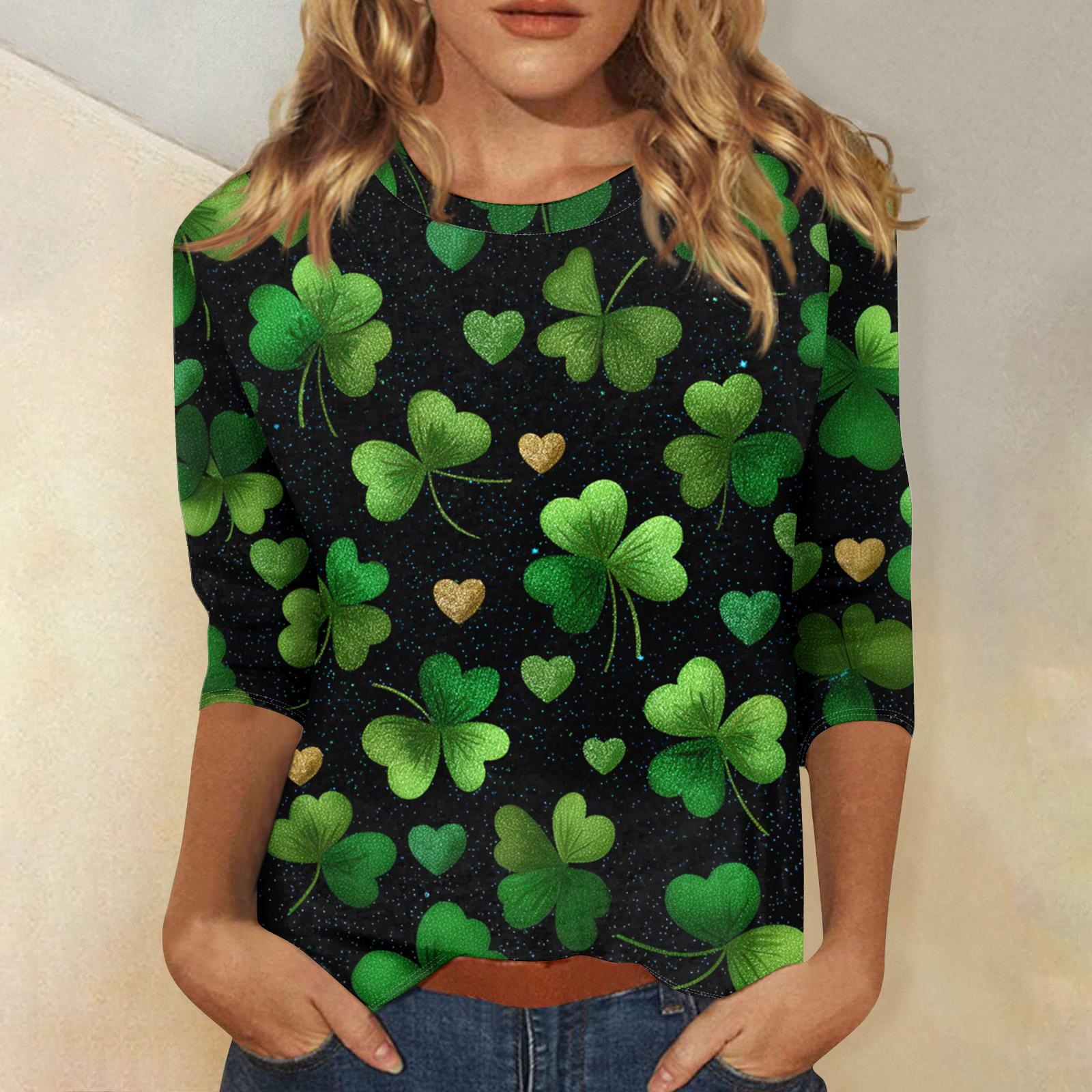 

Women s Tops Three-quarter Sleeve Shirt Round-neck Loose Casual Shirt Print T-shirt L зелений