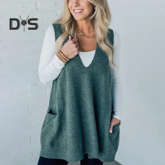 Women Sweater V-neck Sleeveless Solid Color Knitting Vest with Pockets Ribbed Trim Loose Fit Mid-length Casual Knitwear