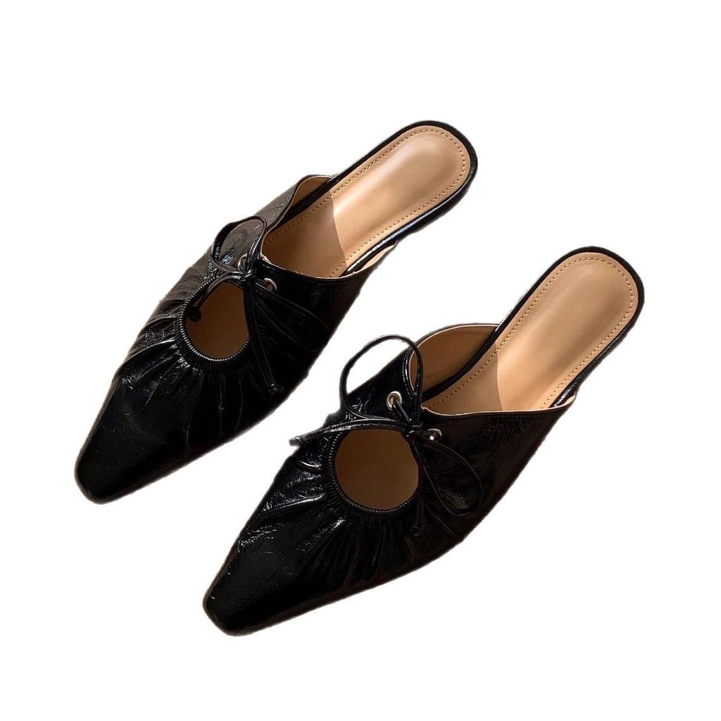 Leather French Niche Pleated Lace-up Bag Head Half Slippers Women's 2025 Spring and Summer Fashion Pointed Flat-soled Mullers