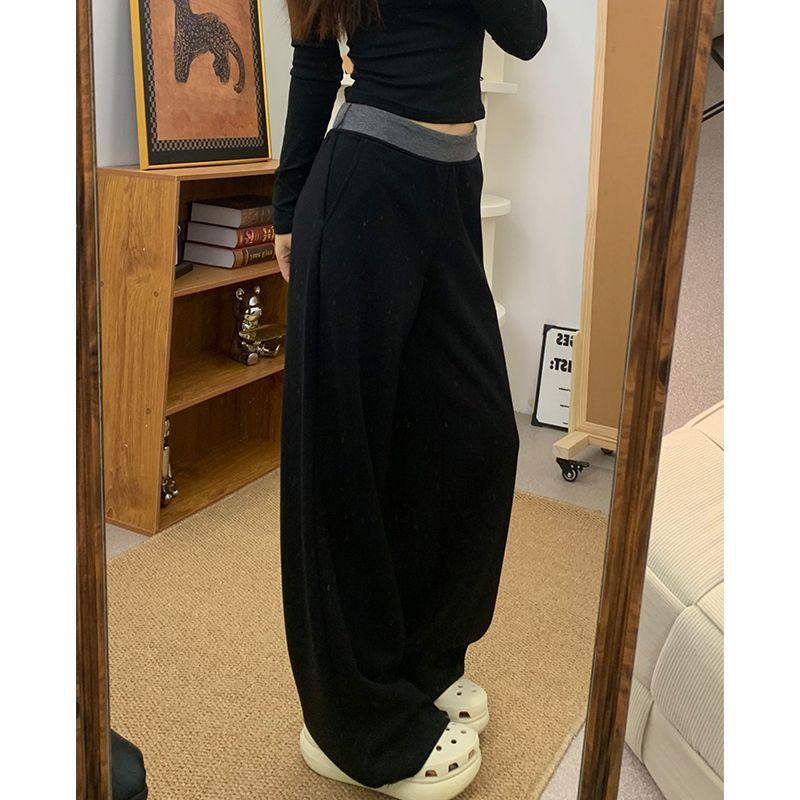Women's Black Patchwork Wide-Leg Pants - High Waist, Loose, Slimming, Plus Size, Floor-Length for 2026 Spring/Summer.