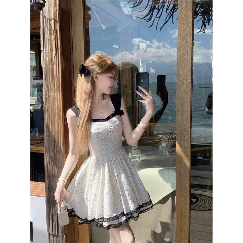 French princess style miu dress women's summer beautiful polka dot bow sweet fluffy skirt