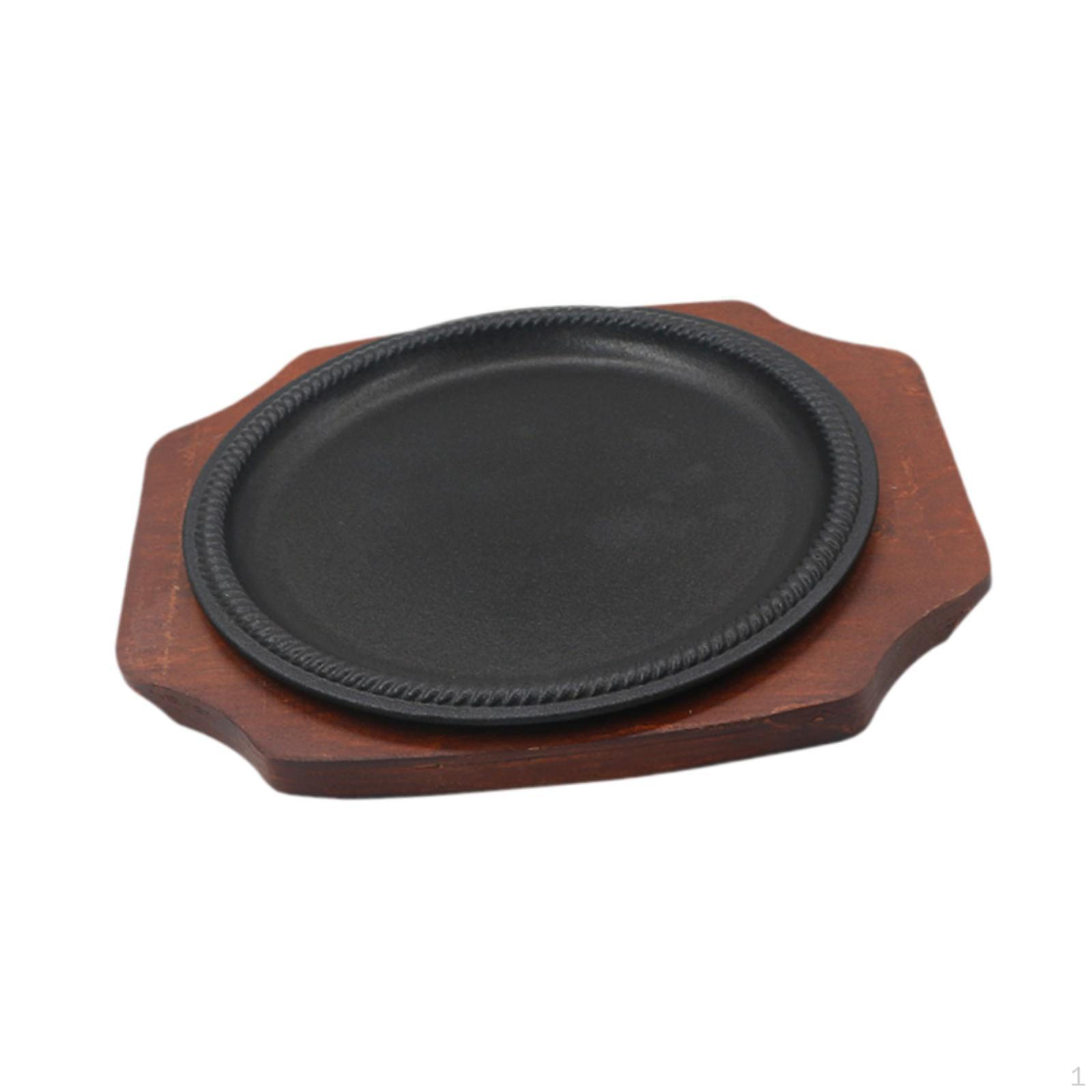 Cast Steak Plate BBQ Griddle Pan Nonstick Platter Round Shape Teppanyaki Wood Handle Grill for S
