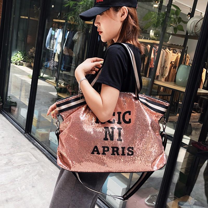 Large Capacity Sequin Travel Bag: Fashionable Letter Sports Yoga Shoulder Handbag
