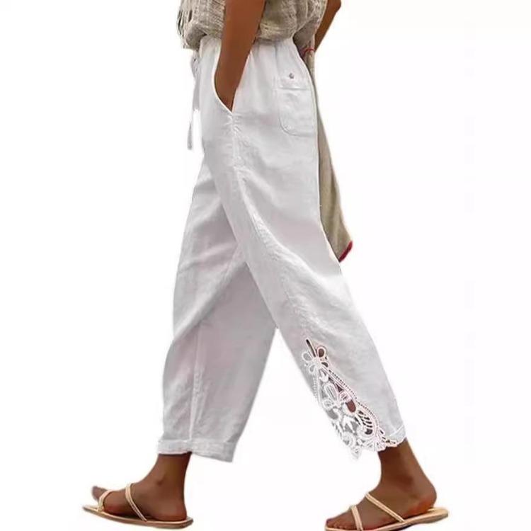 White Casual Pants for Women Loose Fit Elastic Waist Breathable Summer Trousers with Side Cutout Design Multiple Colors