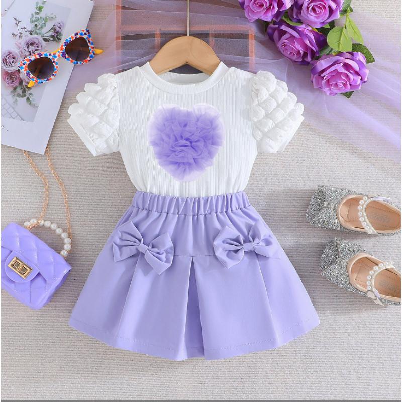 New Girls' Puff Short Sleeve Top with Heart Bow Short Skirt Set Fashion Set