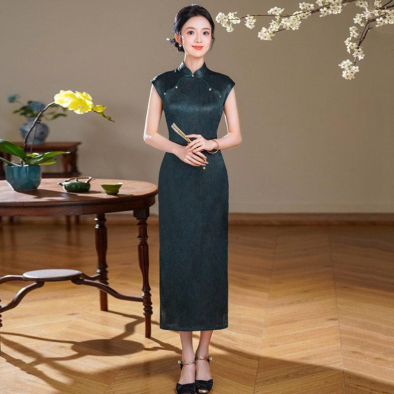 Elegant Green Sleeveless Qipao Dress Long Length With Side Slit Modern Chinese Style Women 2026 Small