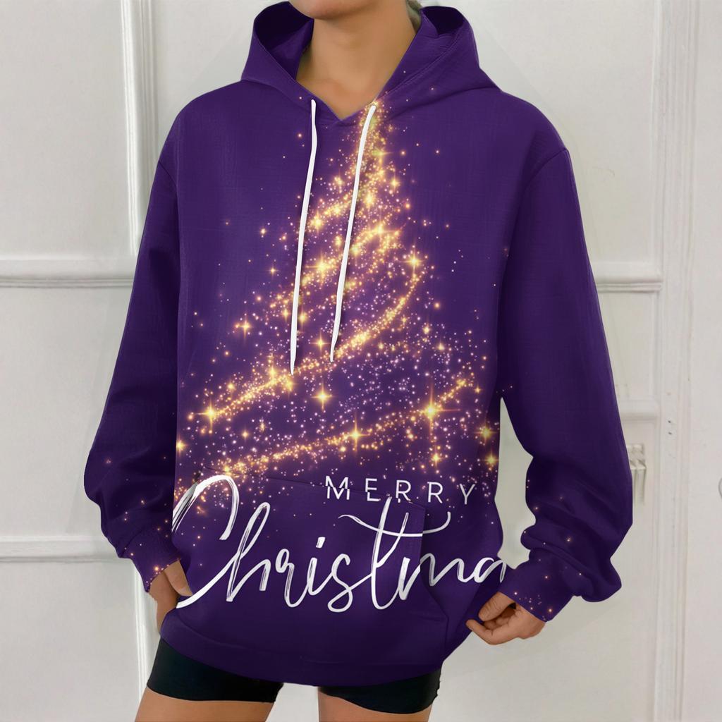 Women's Fashion Sweatshirt Christmas Print Casual Hooded Sweatshirt With Pockets