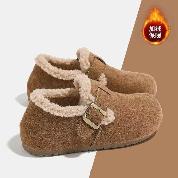 All-inclusive velvet Birkenstocks, new winter platform warm snow boots, non-slip fluffy beanie cotton shoes