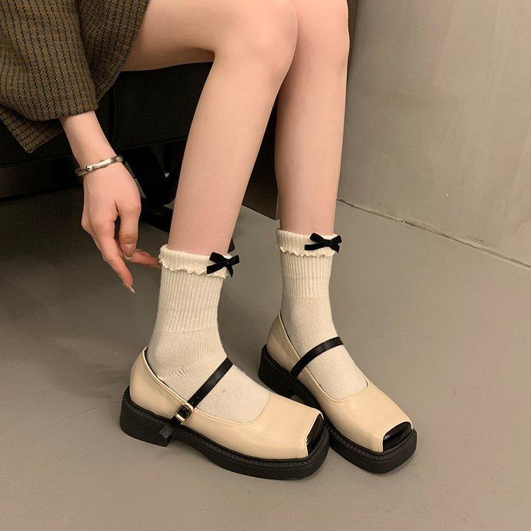 Mary Jane Shoes Female One Word Buckle with Thick Heel Shallow Mouth Single Shoes Female Retro Heightening Shoes
