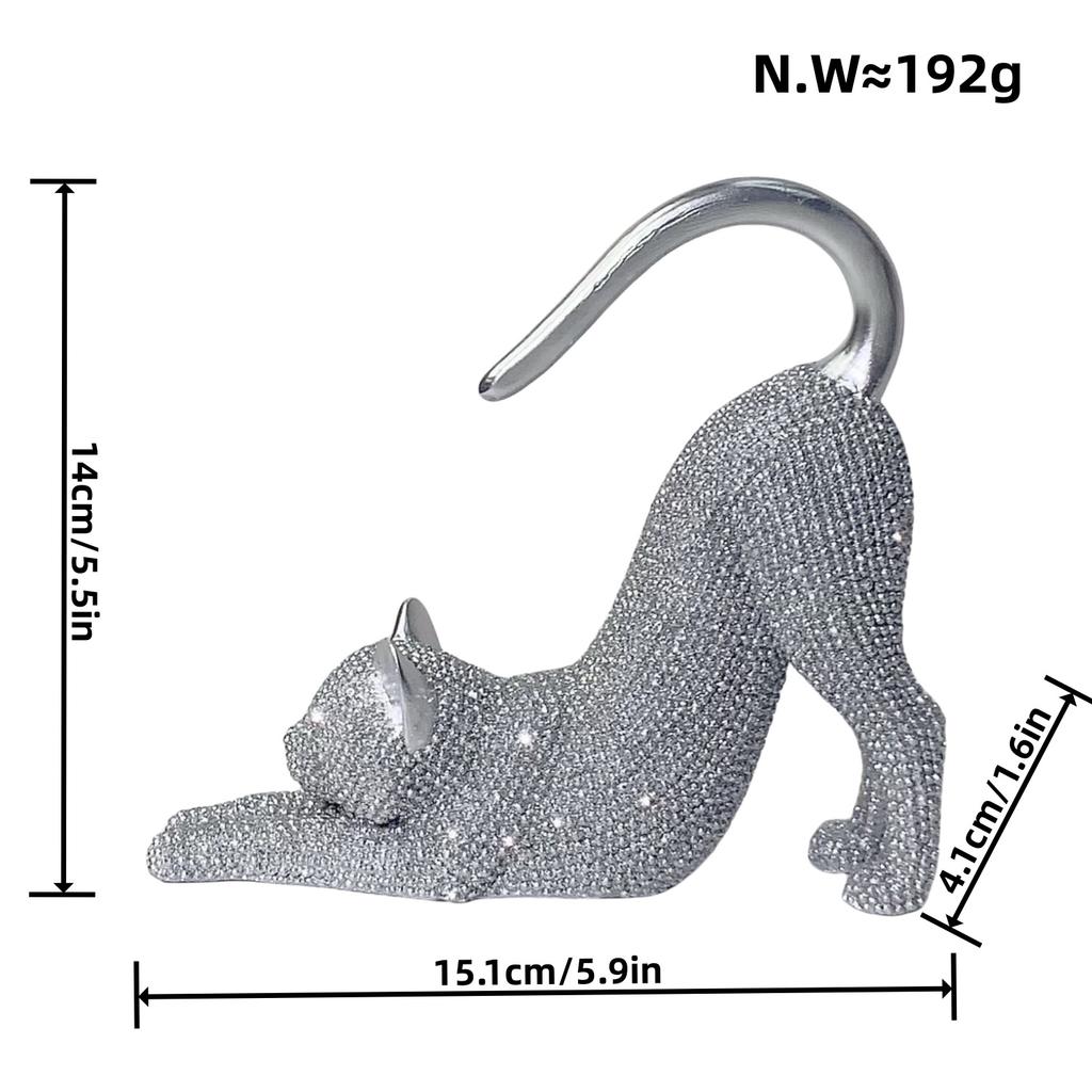 Sparkling Rhinestone Stretching Cat Figurine Jewelry Holder Light Desktop Decor for Necklace Earring Storage Home Accent Gift