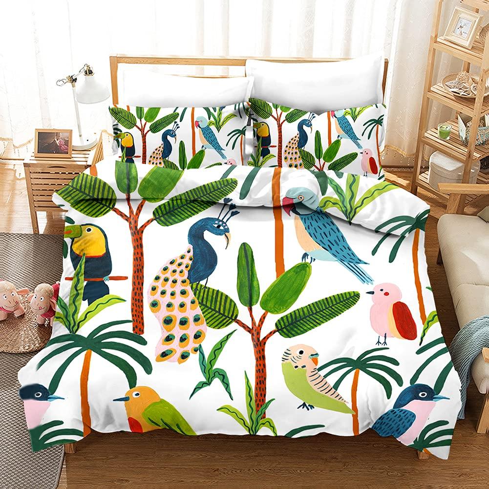 Palm Leaves Comforter Cover Duvet Cover Tropical Leaves Bedding Set Quilt Cover for Men Women, White 3 Pcs Queen King Size