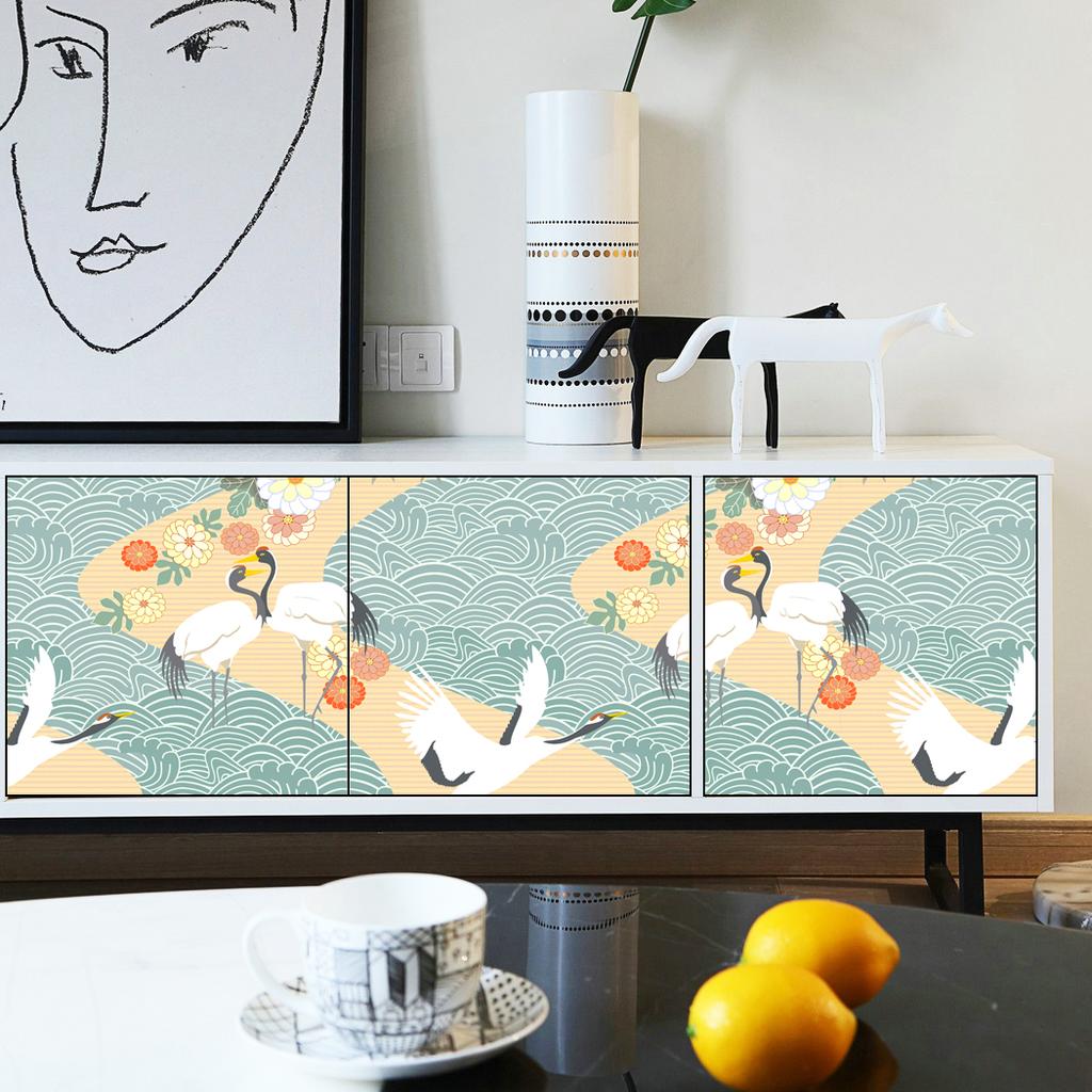 Gänseblümchen Kranich Blaue Wellen Abziehen und Aufkleben Abnehmbares Wandbild Selbstklebende Vorgekleisterte Tapete für Schlafzimmer Heimdeko Handmalerei