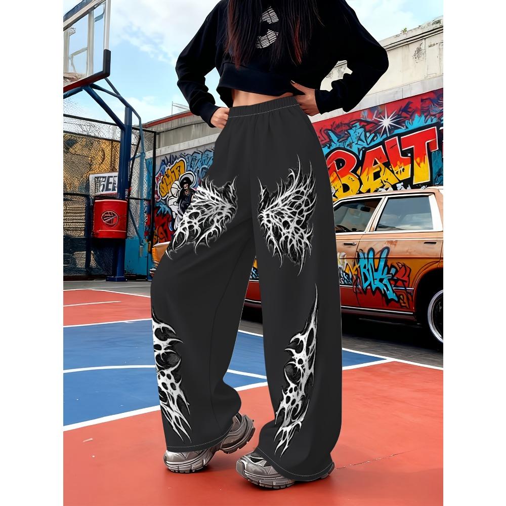 Dark Thorn Wings Printed Wide Leg Pants Subcultural Gothic Style Loose Street Men's and Women's Sports Pants