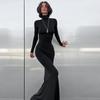 Robe longue sexy pour femme, col haut, manches longues, taille haute, moulante, couleur unie