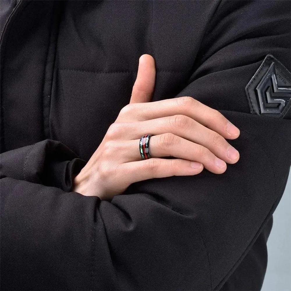 Fashion 8mm Stainless Steel Rings For Men Inlay Red Opal And Abalone Shell Ring Men Wedding Engagement Jewelry Anniversary Gifts