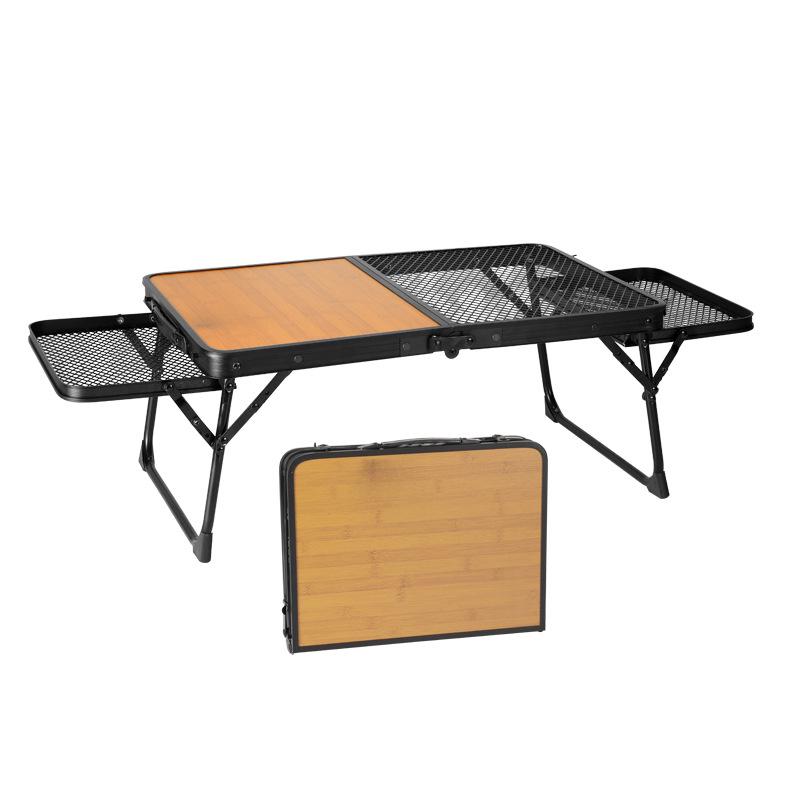 Outdoor Wood Grain Folding Table: Multifunctional Mesh Iron Design for Camping, BBQ, and Dining