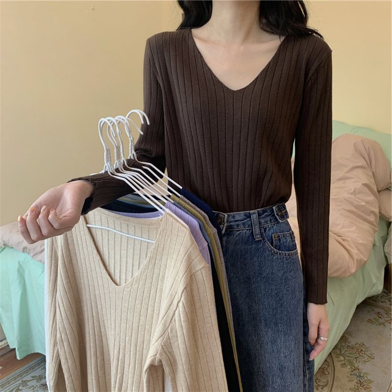 

V Neck Knitted Top Slim Looking Casual Oversize Women s Clothing Black L