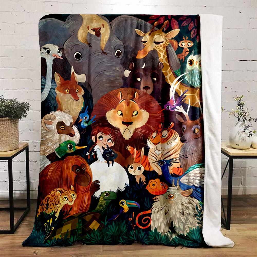 A colorful gathering of various animals and a person in a forest setting. for all seasons blanket lunch break throw gift