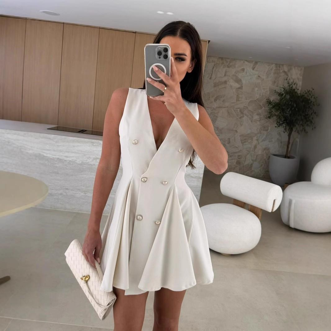 

A New Summer V-neck Sleeveless Sexy Cinched-waist Short Skirt Dress for Women XXL абрикосовый