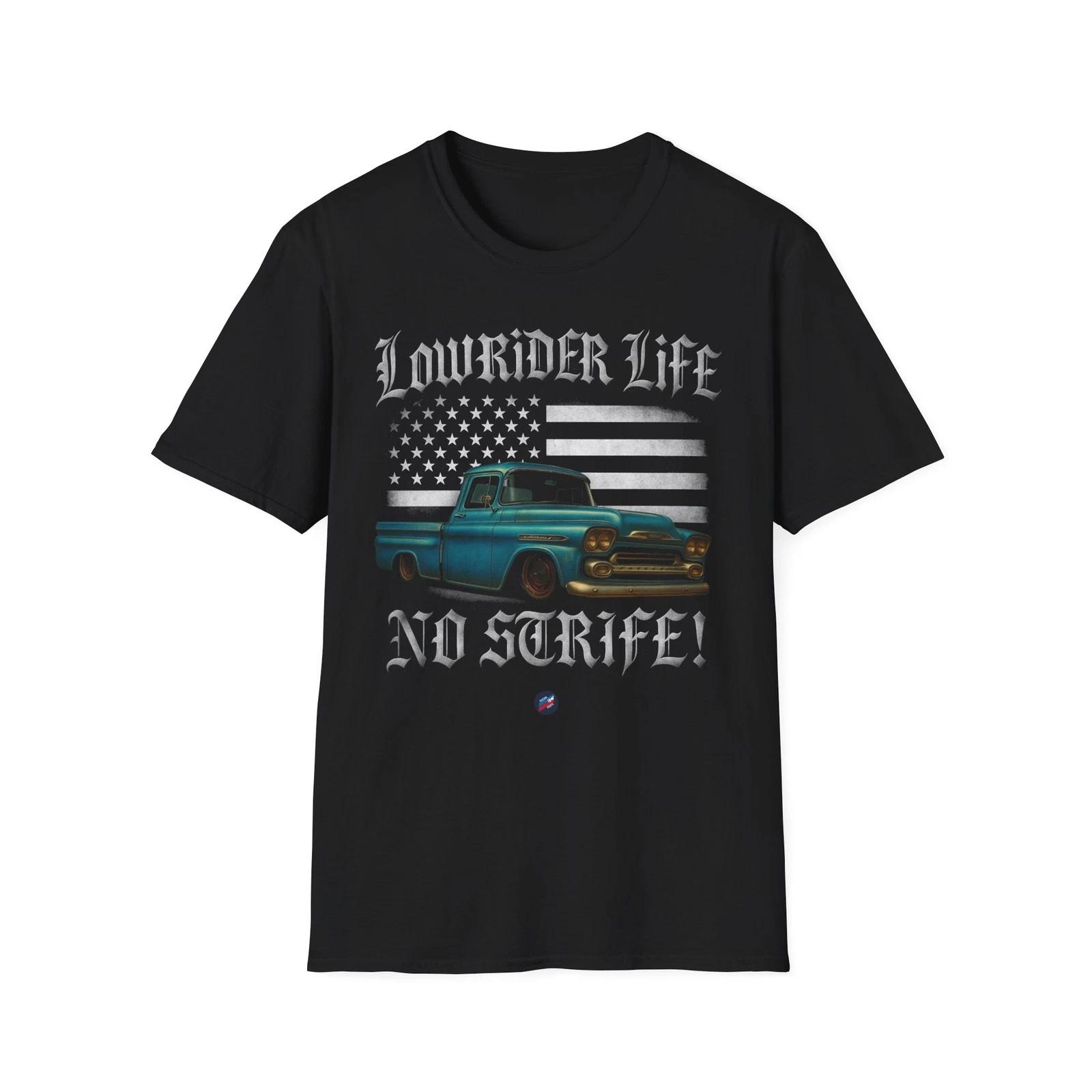 Lowrider Life No Strife T-Shirt – Patina Chevy Pickup with USA Flag Graphic XS