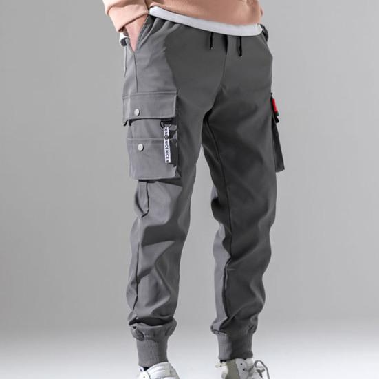 Men Pants Plush Lining Solid Color Elastic Waist Warm Multiple Pockets Cargo Pants for Daily Wear