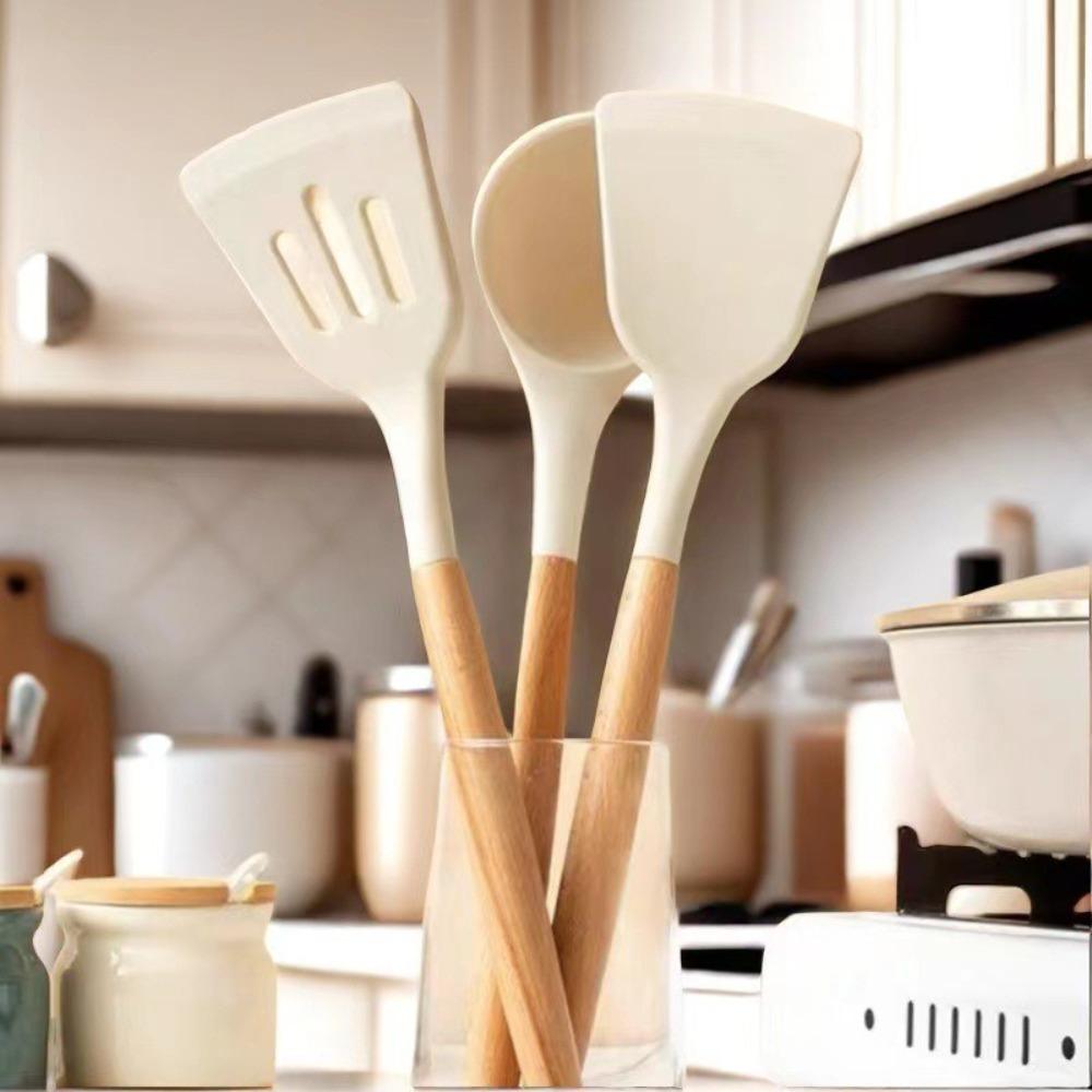 

Wooden Handle Non Stick Pan Cooking Spatula Silicone Kitchenware Set Household Slotted Spatula
