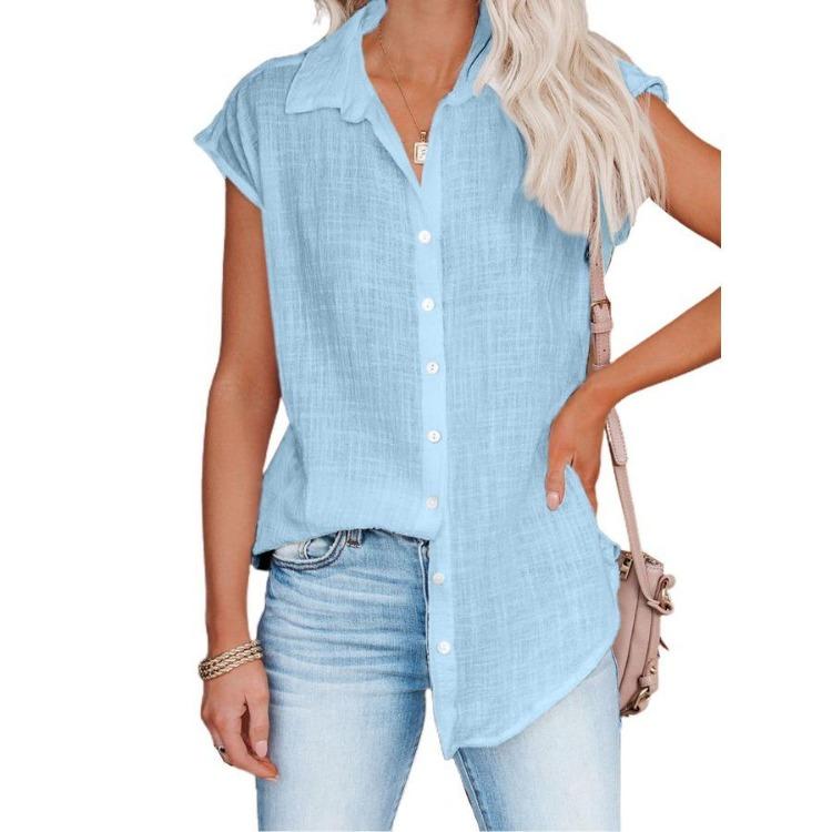 Women's Casual Summer Solid Color Short Sleeve Lapel Blouse Single Breasted Shirt Top