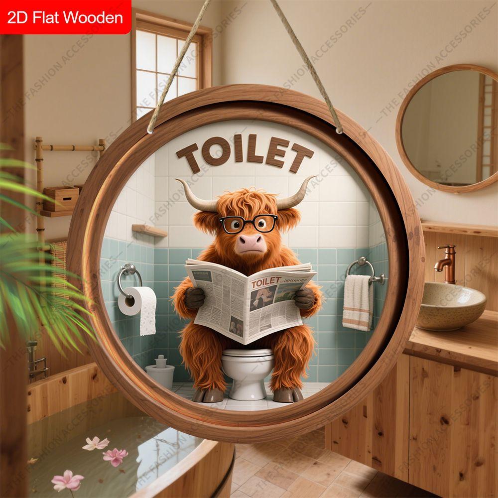 Hängande dekorativ skylt i trä, toalettdekoration, 2D platt hänge, mönstret är en ko som sitter på toaletten och läser en tidning, present till en vän