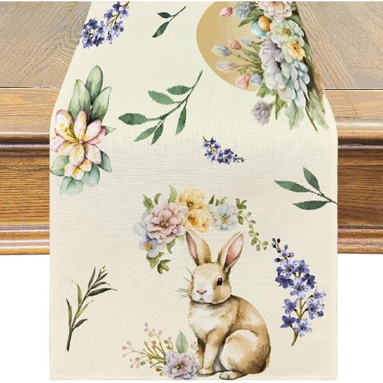 PATIO CHOICE Table Runner Easter Decorations Bunny Watercolor Easter Eggs Flower- Easter Table Runners Kitchen Dining Table Decoration for Home Party