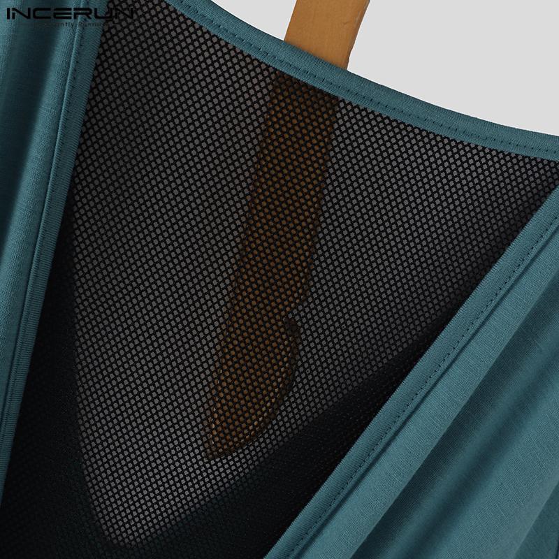 INCERUN Mens Deep V Mesh Patchwork Front Bow Short Jumpsuits Romper Bodysuits