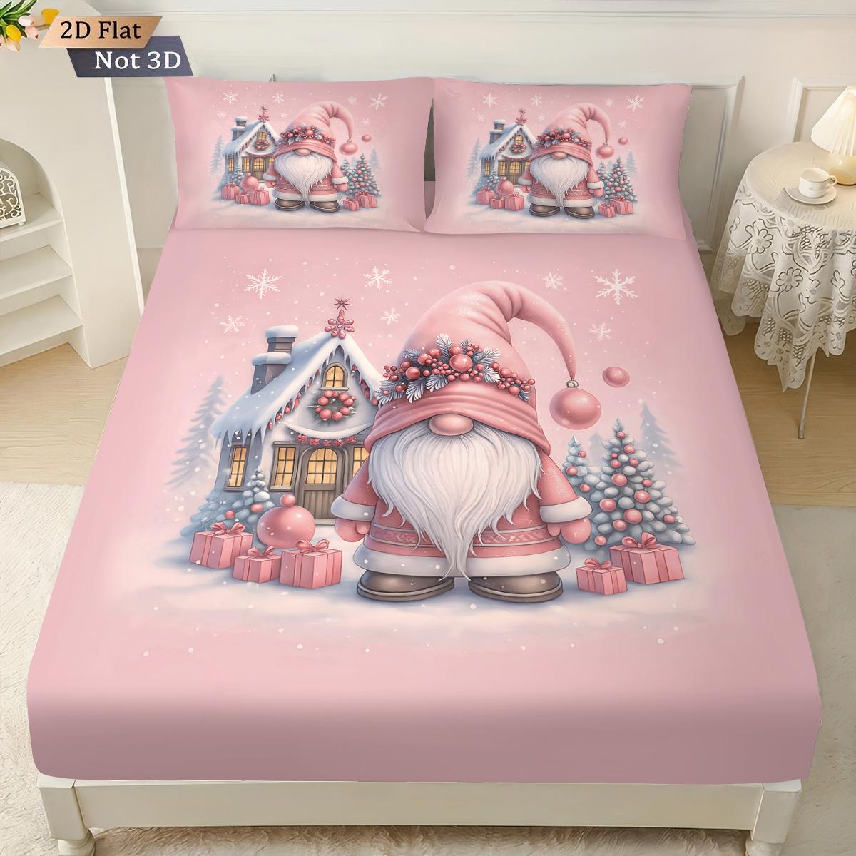 

3 шт. Розовый Романтичный Рождественский Гном Принт Бесшовный Набор Простыней Разных Размеров Покрывало Спальня Постельное Белье Декор Машинная Стирка 90x191