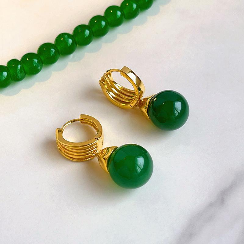 Chinese Retro Green Agate Jade Gold-Plated Earrings for Women