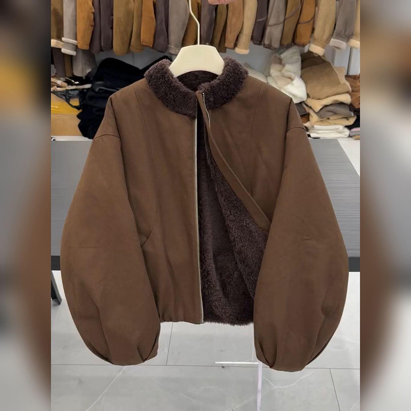 

Элегантная парка кофейного цвета из натуральной овечьей шерсти с воротником-стойкой для миниатюрных женщин - Зимняя короткая куртка XL [Recommended 120-135 lbs]