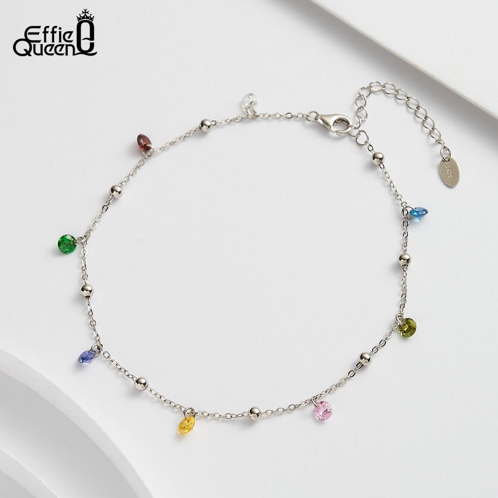 Effie Queen 925 Sterling Silver CZ Pendant Anklet Chain With Multi-Color Zirconia Design Foot Chain Summer Beach Jewelry SA93