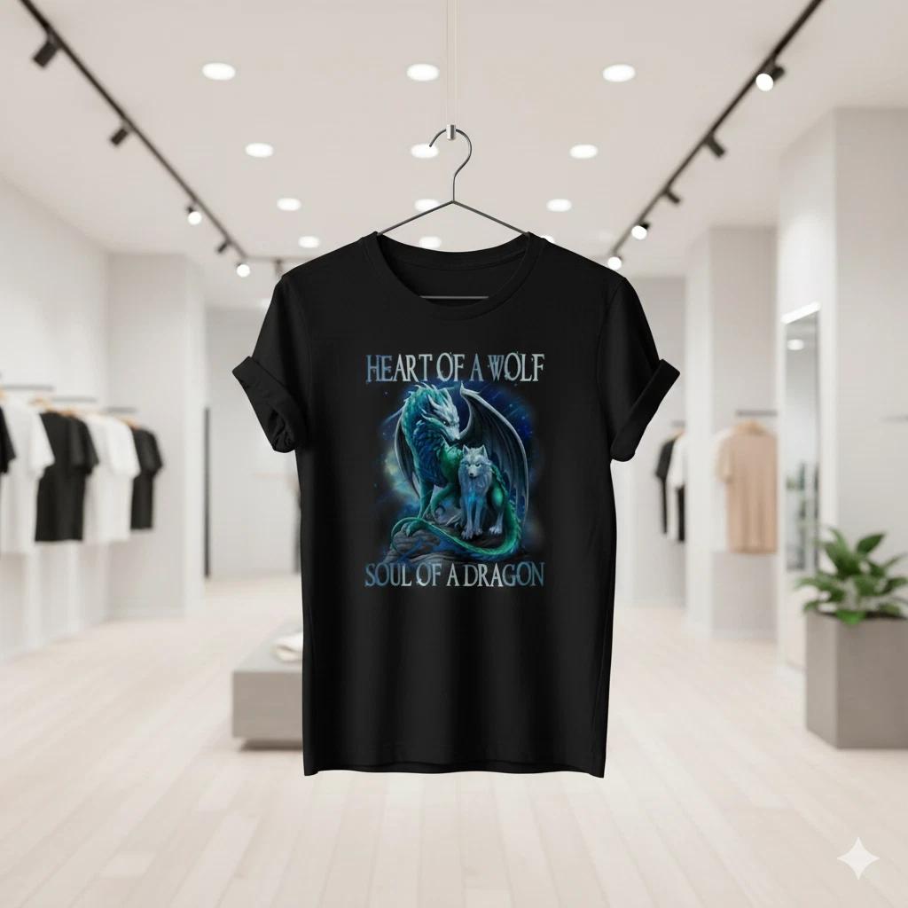Heart Of A Wolf Soul Of A Dragon Graphic T Shirt Black Fantasy Tee - S184 S
