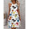 Women's Sleeveless Round Neck Short Summer Dress with Colorful Cat and Paw Print Pattern Design, Suitable for Casual Spring and Summer Wear