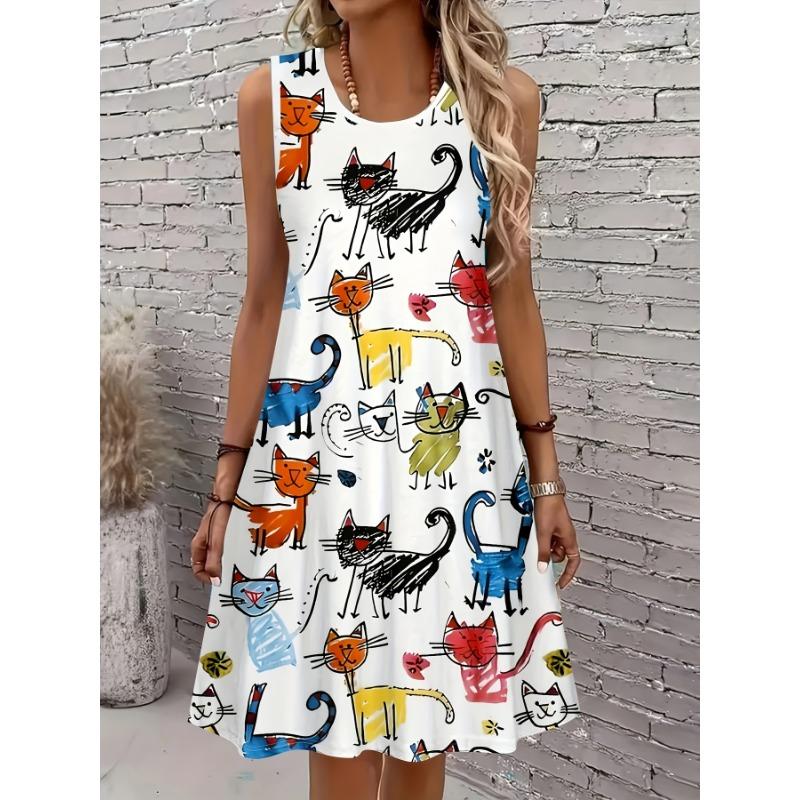 

Women s sleeveless round neck short summer dress with colorful cat and paw print pattern design, suitable for casual spring and summer wear XL
